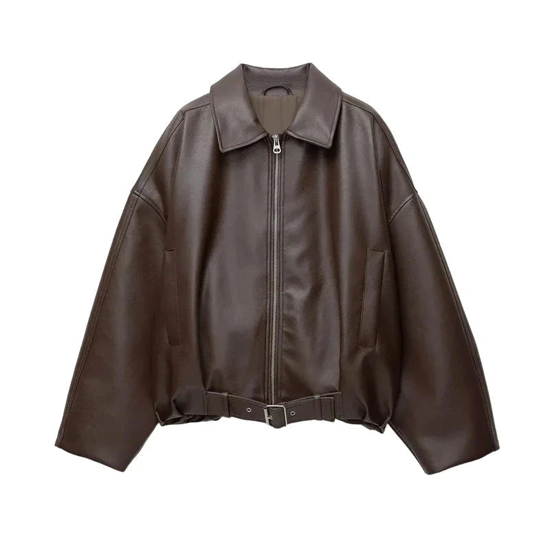 Chic short leather jacket with polished finish, stand collar, and zipper closure in a relaxed fit.