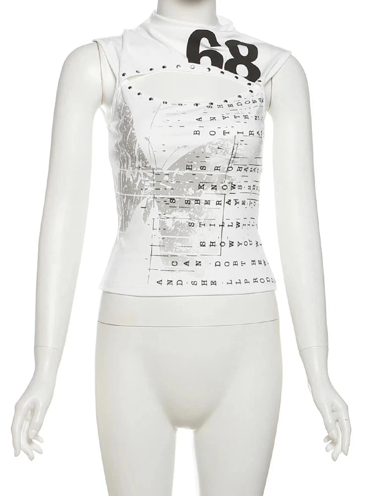 Hollow out letter print tank top with cropped length and regular fit, made from a polyester and spandex blend.