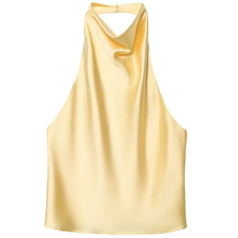 Satin halter top with backless design in black and pale yellow, featuring sleeveless silhouette and slight stretch.