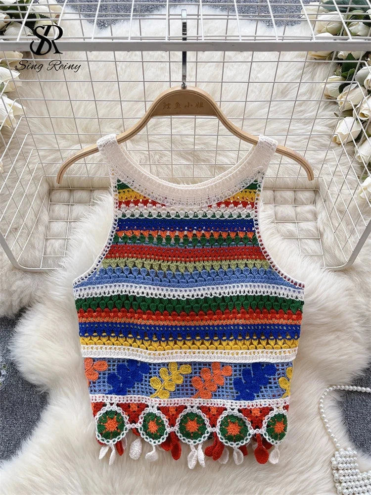 Bohemian rainbow knit tank top with hollow out detail and relaxed fit, perfect for summer outings.