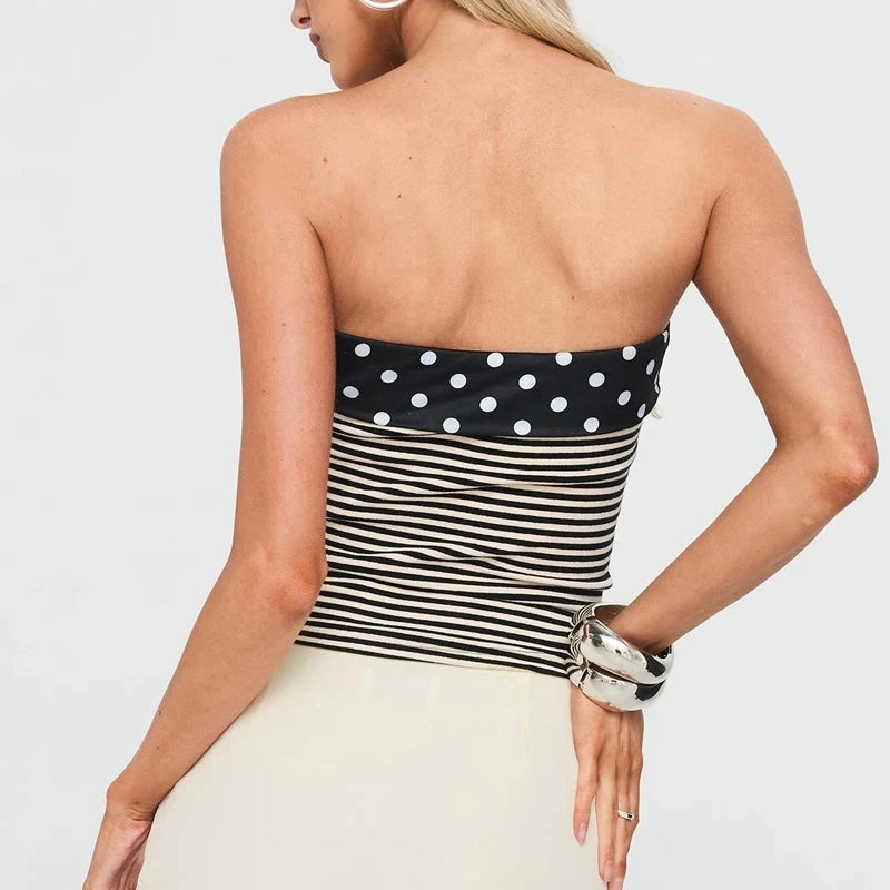 Strapless bandeau top with polka dot and striped print, designed for a slim fit and made from lightweight polyester.