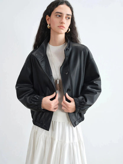 Brown stand collar leather jacket with single-breasted closure and loose fit for casual wear.