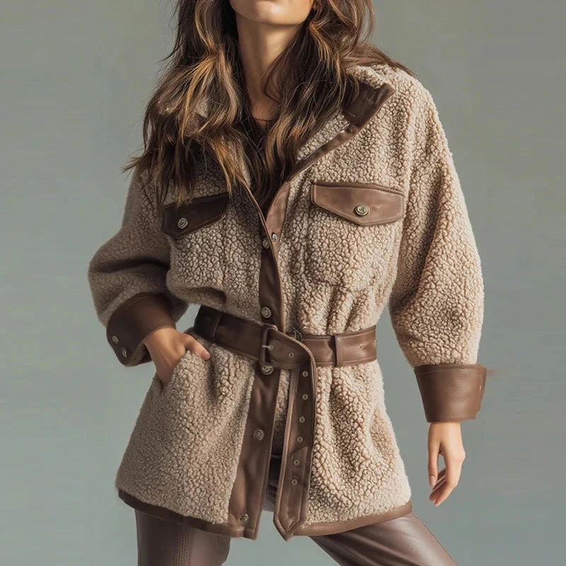 Elegant long sleeve leather coat in warm beige with button closure and pockets, ideal for autumn and winter layering.