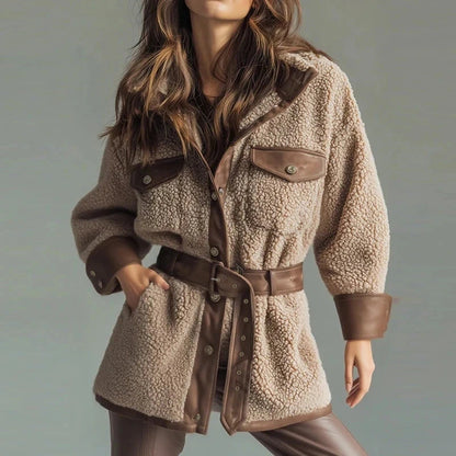 Elegant long sleeve leather coat in warm beige with button closure and pockets, ideal for autumn and winter layering.