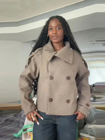 Stone grey chic stand collar wool blend coat with zipper closure and pockets, ideal for autumn and winter layering.