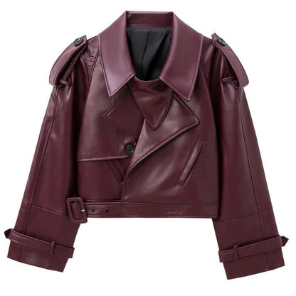 Cropped leather jacket in burgundy red with a single button closure and loose fit, ideal for layering.