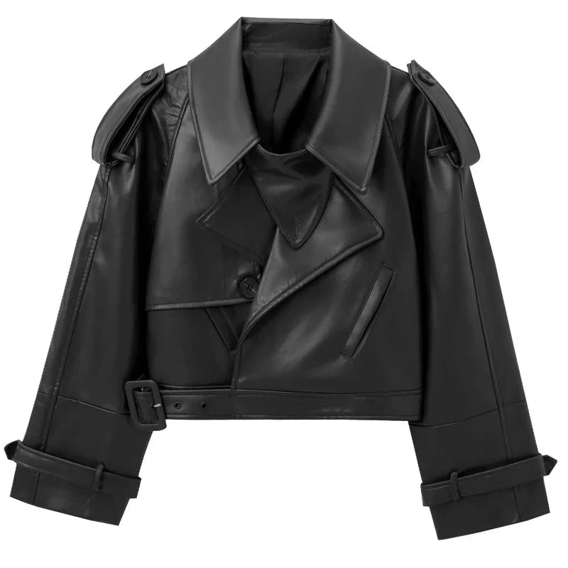 Cropped leather jacket in midnight black with a single button closure and loose fit, ideal for layering.