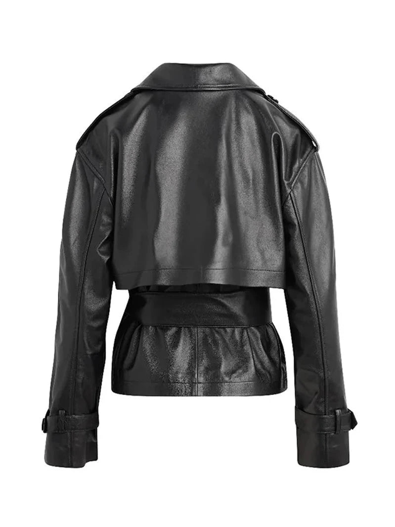 Cropped PU leather jacket with turn-down collar and slim fit, suitable for casual wear and festivals.
