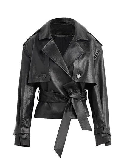 Cropped PU leather jacket with turn-down collar and slim fit, ideal for casual wear and music festivals.