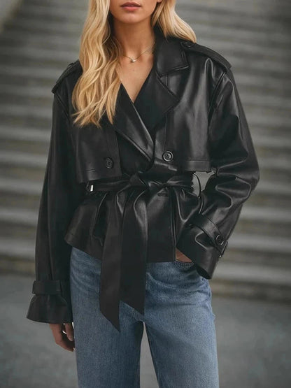 Cropped PU leather jacket with turn-down collar in classic black, featuring a slim fit design.