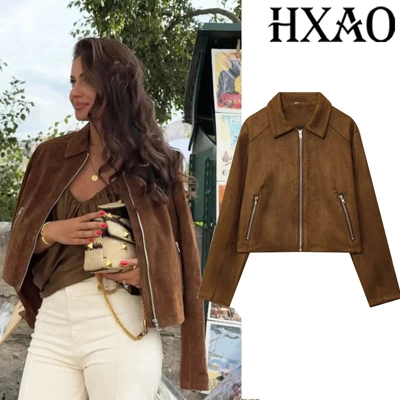 Cropped suede jacket with zipper closure, crafted from polyester, designed for a regular fit and layering.