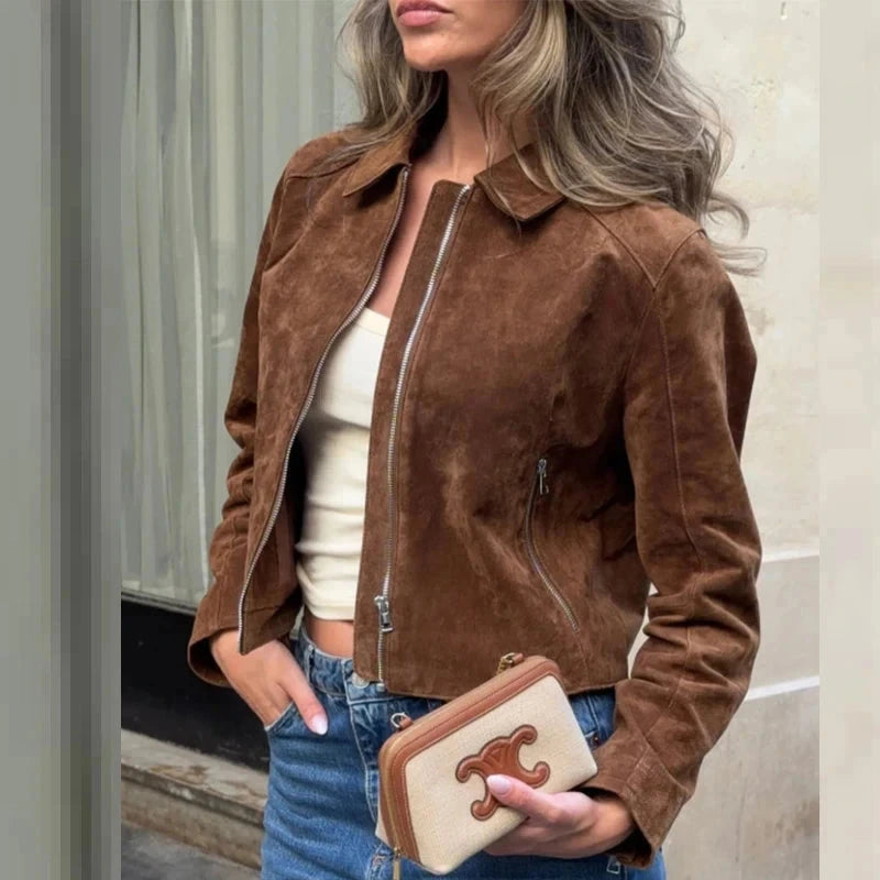 Cropped suede jacket with zipper closure, crafted from polyester, designed for layering and regular fit.