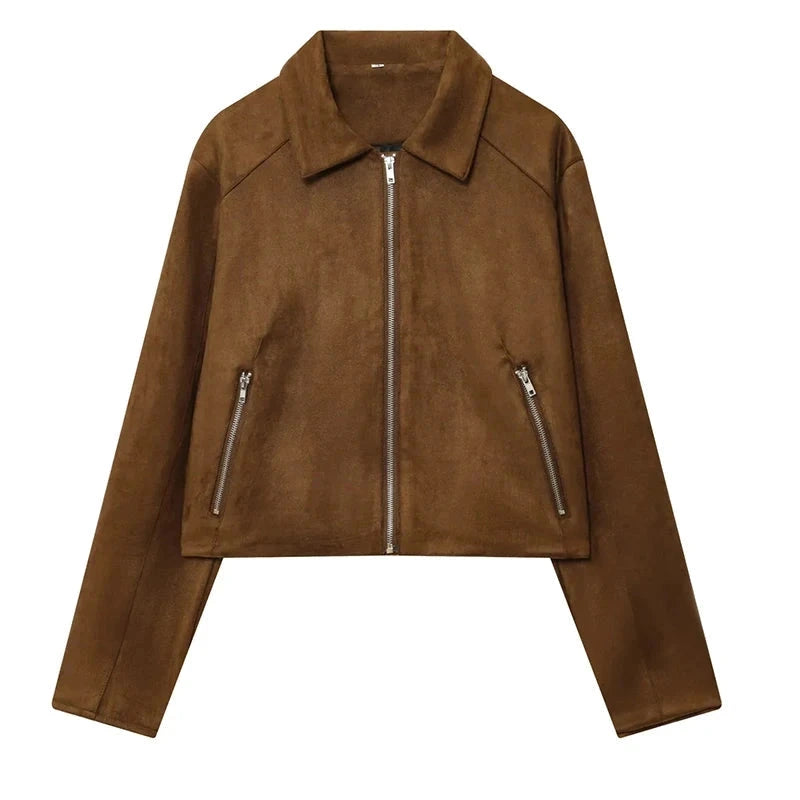Cropped suede jacket in chocolate brown with zipper closure, made from polyester, designed for a regular fit and layering.