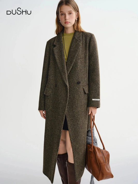 Double breasted wool blend overcoat with a slim fit, ideal for office and casual wear.