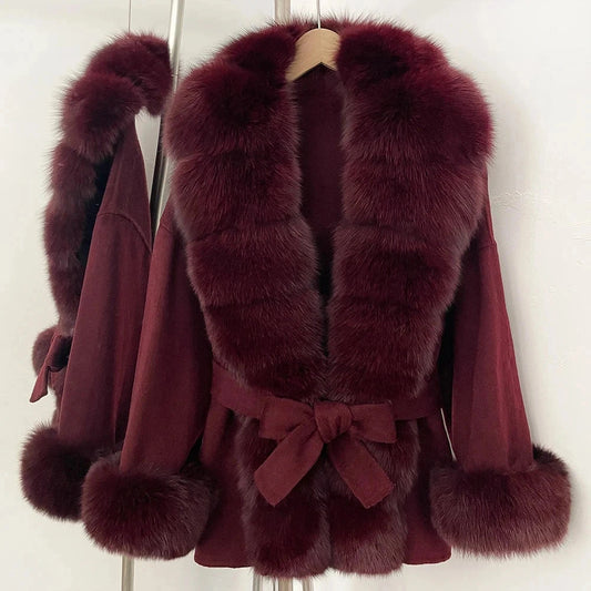 Red wool and real fur blend coat with wide waist and tailored silhouette.