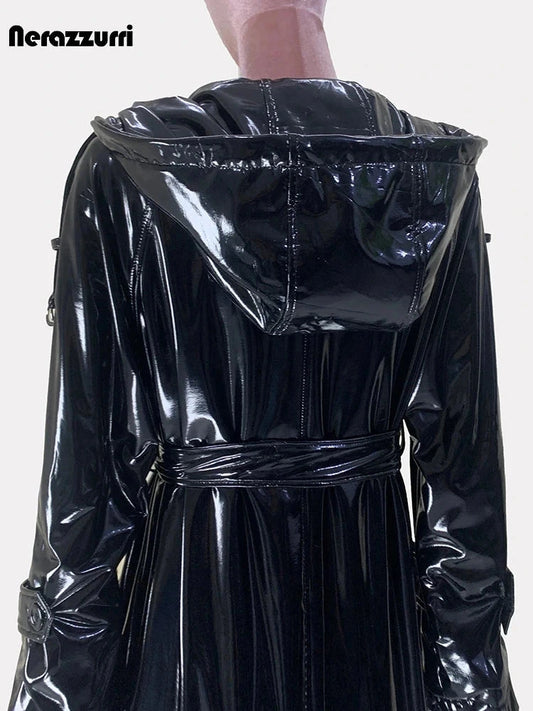 Blue faux leather jacket, double-breasted, extra long, notched lapels, side pockets.