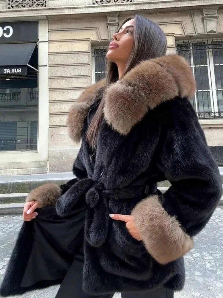 Lace-up faux leather fur coat with a slim fit and fur trim, ideal for autumn and winter layering.