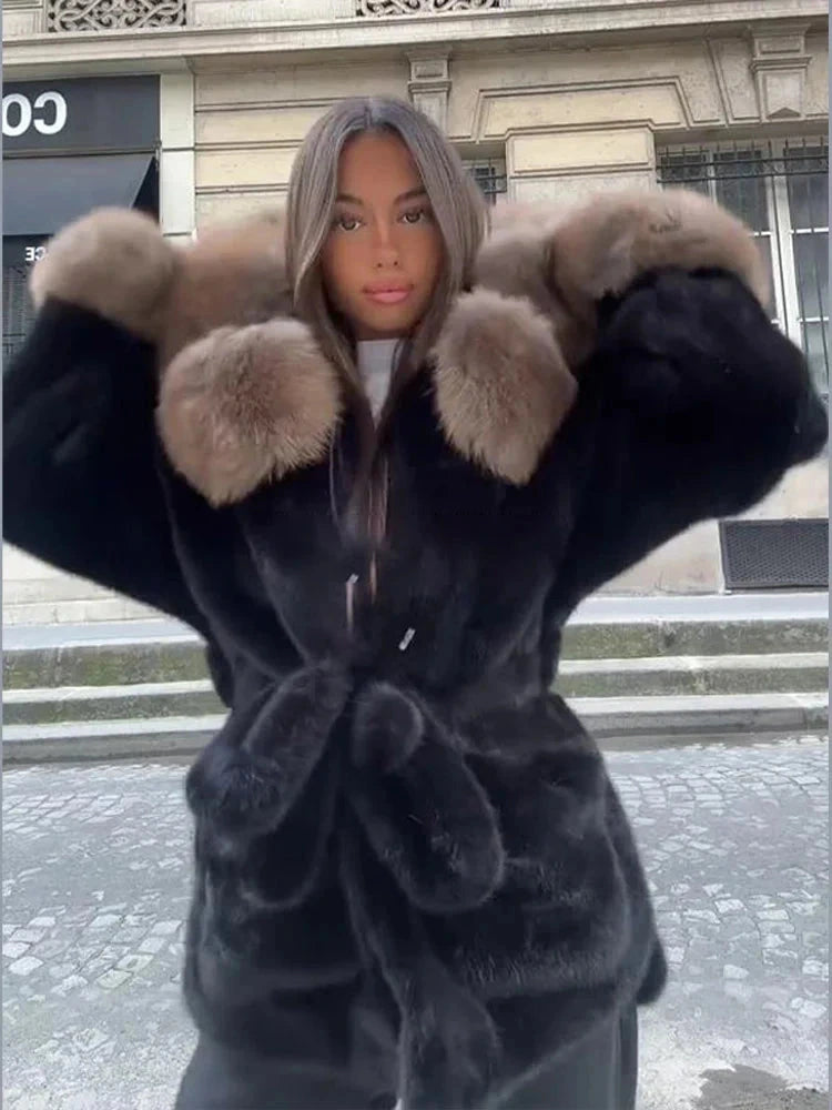 Lace-up faux leather fur coat with a slim fit and fur trim, ideal for autumn and winter layering.