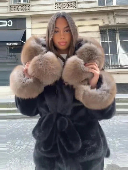 Lace-up faux leather fur coat in charcoal black with a slim fit and fur trim, ideal for autumn and winter layering.