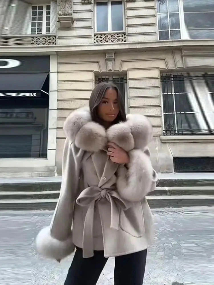 Light beige lace-up faux leather fur coat with a slim fit and long sleeves, ideal for autumn and winter layering.