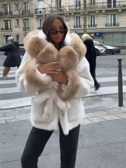 Lace-up faux leather fur coat with a slim fit, ideal for layering in autumn and winter.