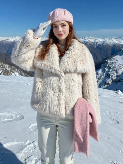 Modern faux leather fur jacket with stand collar and loose fit, ideal for autumn and winter layering.