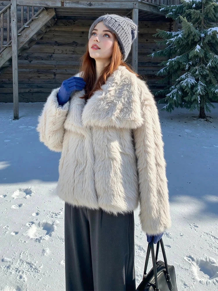 Modern faux leather fur jacket with stand collar and loose fit, ideal for autumn and winter layering.