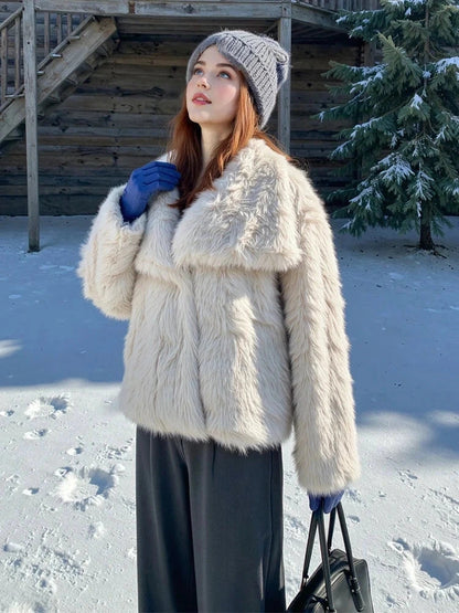 Modern faux leather fur jacket with stand collar and loose fit, ideal for autumn and winter layering.