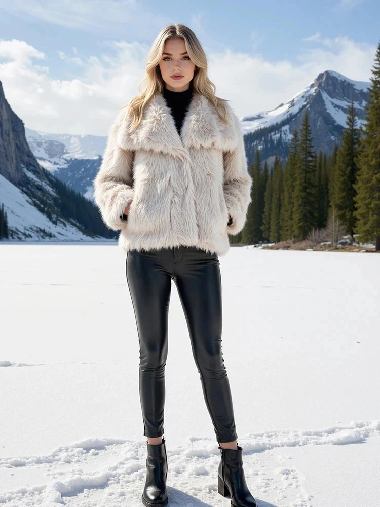 Modern faux leather fur jacket with stand collar and loose fit, designed for warmth and layering in cooler months.
