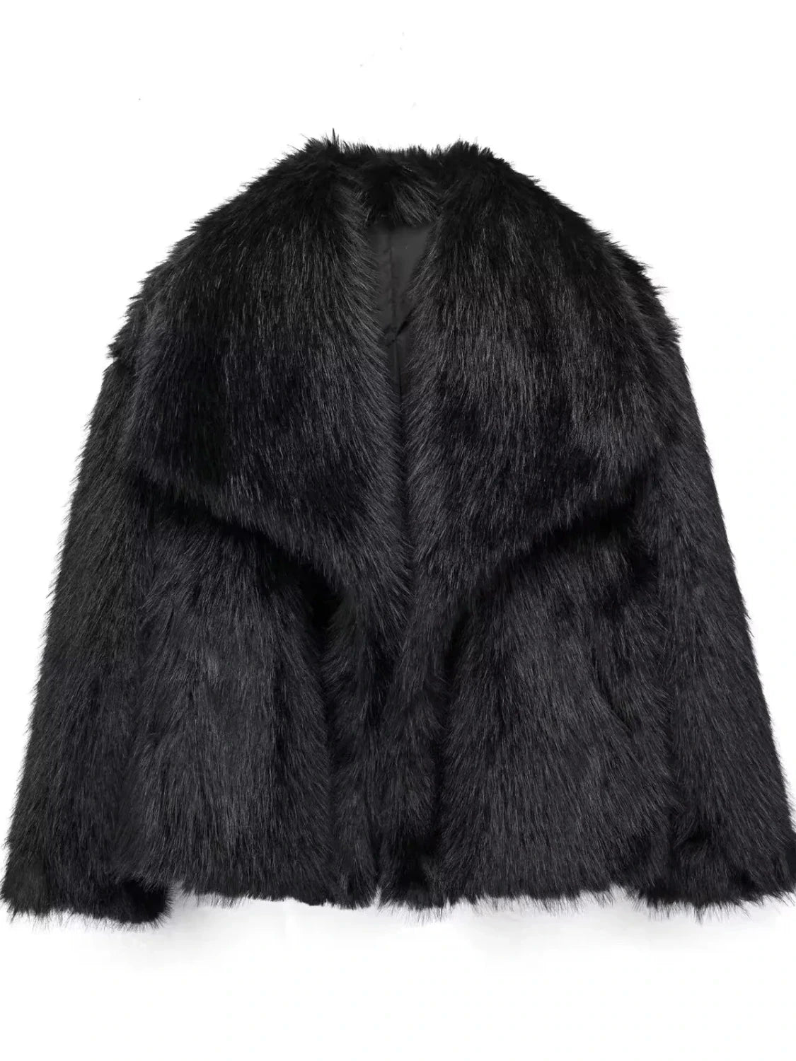 Modern faux leather fur jacket with stand collar in midnight black, designed for warmth and layering.