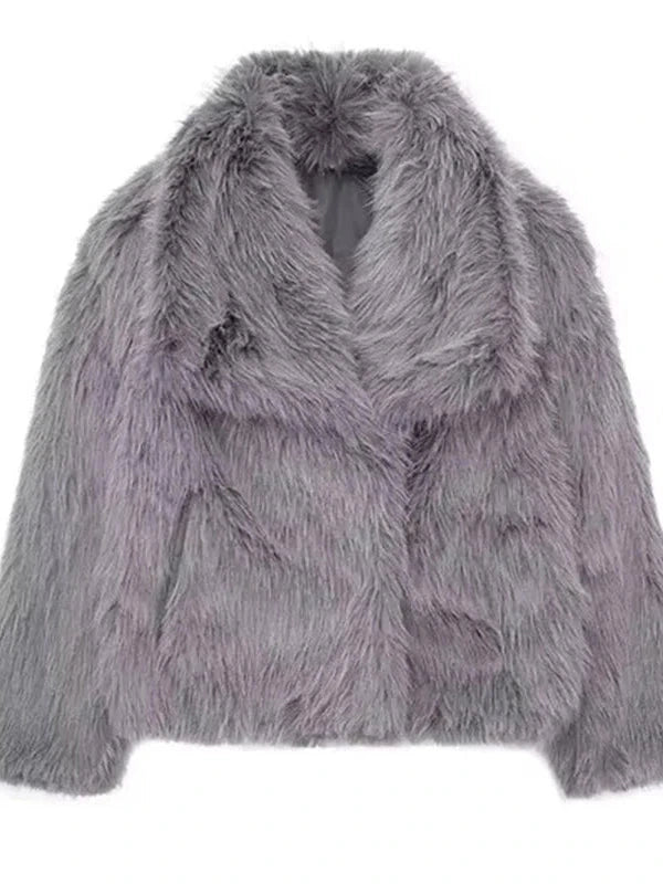 Modern faux leather fur jacket with stand collar in muted lavender, featuring a loose fit and warm design.