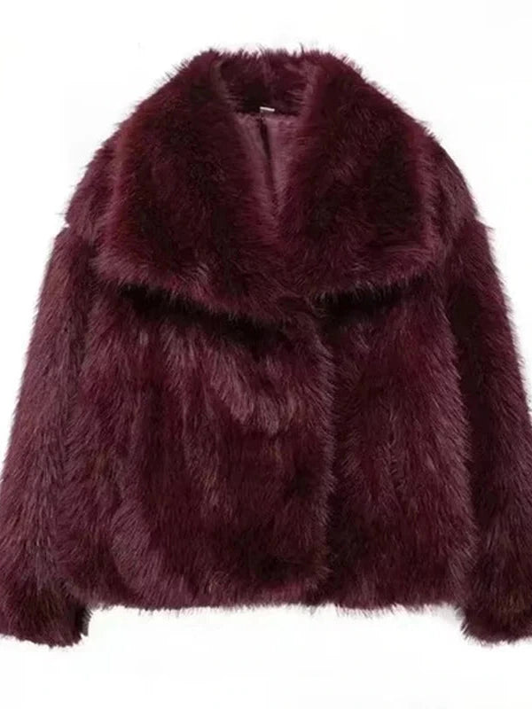 Modern faux leather fur jacket with stand collar in rich burgundy, featuring a loose fit for comfortable layering.