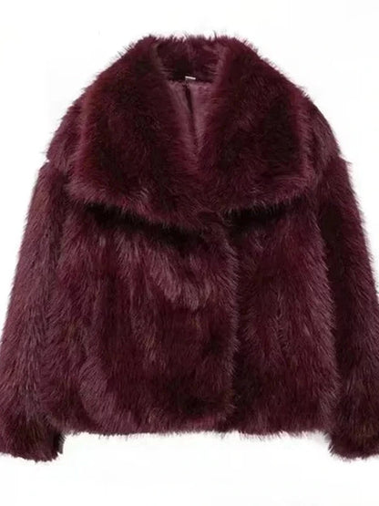 Modern faux leather fur jacket with stand collar in rich burgundy, featuring a loose fit for comfortable layering.