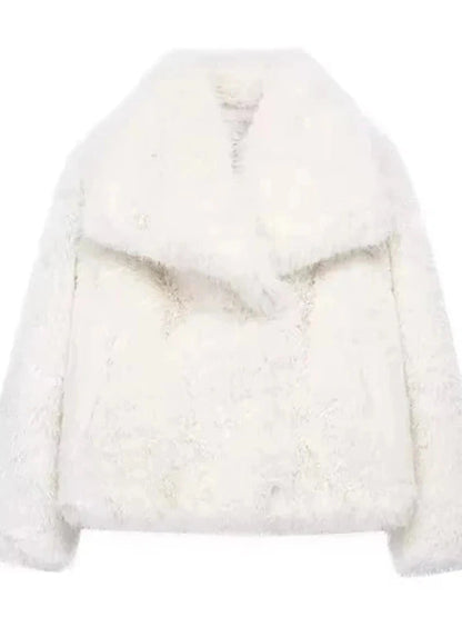 Modern faux leather fur jacket with stand collar in cream white, designed for warmth and layering.