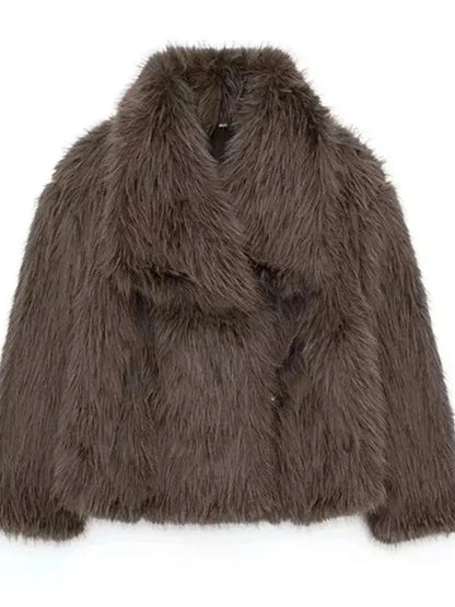 Chocolate brown modern faux leather fur jacket with stand collar and loose fit, ideal for autumn and winter layering.