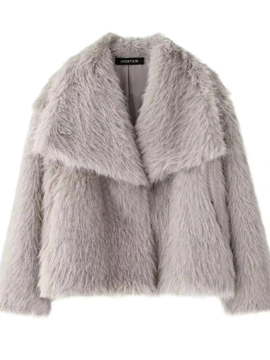 Modern faux leather fur jacket with stand collar in ash grey, featuring a loose fit and warm design for layering.