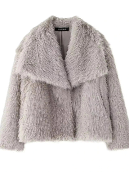 Modern faux leather fur jacket with stand collar in ash grey, featuring a loose fit and warm design for layering.