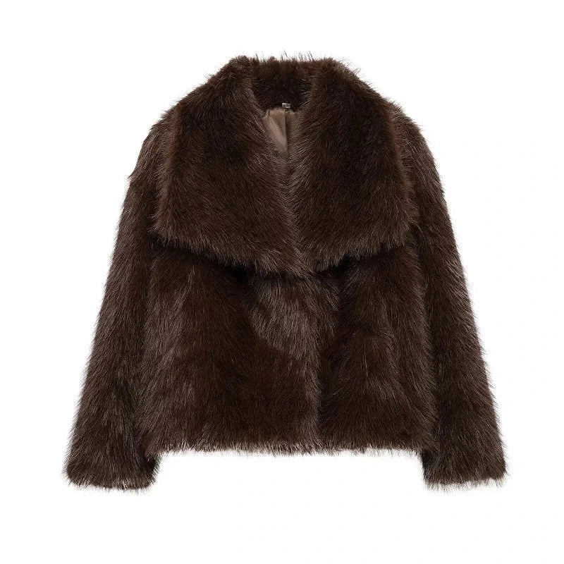 Chocolate brown faux leather fur plush coat with covered button closure and regular fit, ideal for evening wear.