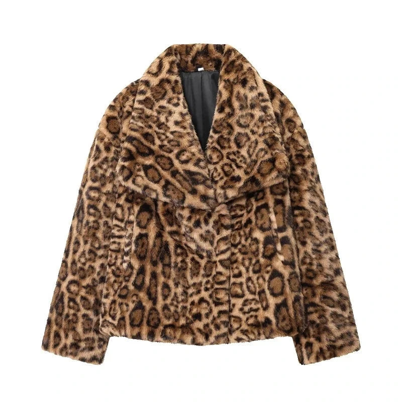 Patterned faux leather fur plush coat with covered button closure and regular fit, suitable for evening wear.