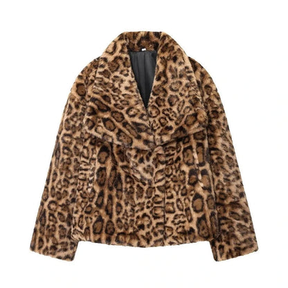 Patterned faux leather fur plush coat with covered button closure and regular fit, suitable for evening wear.