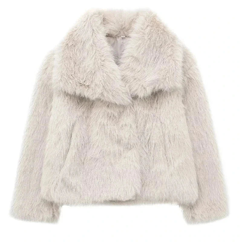 Light grey faux leather fur plush coat with covered button closure and regular fit, suitable for evening wear.