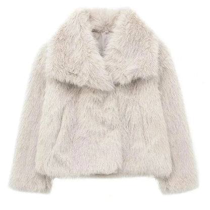 Light grey faux leather fur plush coat with covered button closure and regular fit, suitable for evening wear.