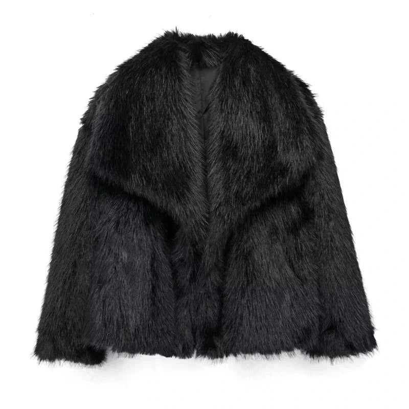 Midnight black faux leather fur plush coat with covered button closure and regular fit, ideal for evening wear.