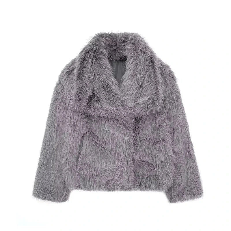Lavender gray faux leather fur plush coat with covered button closure and regular fit, ideal for evening wear.
