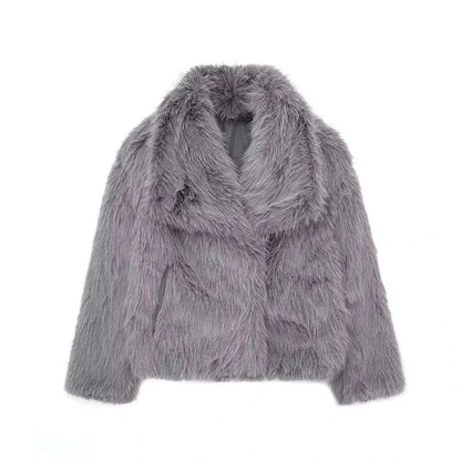 Lavender gray faux leather fur plush coat with covered button closure and regular fit, ideal for evening wear.