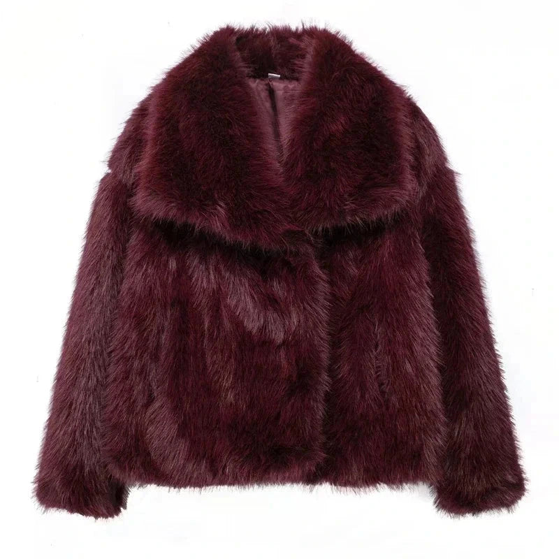 Burgundy red faux leather fur plush coat with covered button closure and regular fit, ideal for evening wear.