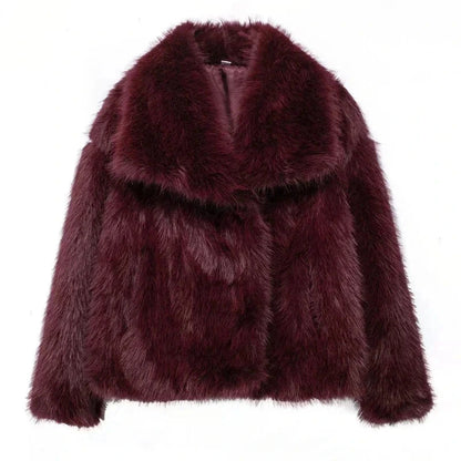 Burgundy red faux leather fur plush coat with covered button closure and regular fit, ideal for evening wear.