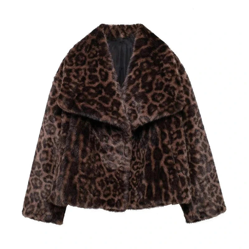 Patterned faux leather fur plush coat with covered button closure and regular fit, suitable for evening wear.
