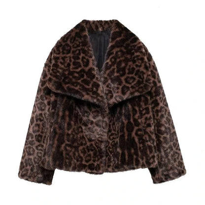 Patterned faux leather fur plush coat with covered button closure and regular fit, suitable for evening wear.