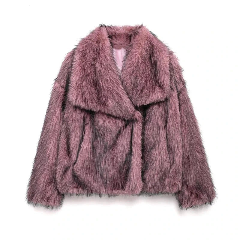 Dusty pink faux leather fur plush coat with covered button closure and regular fit, ideal for evening wear.